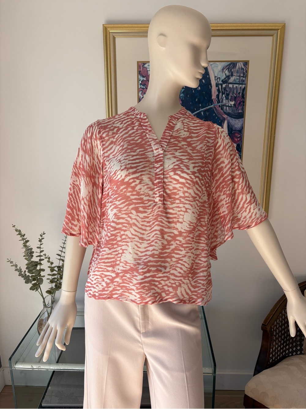 Inwear Printed Flutter-Sleeve Blouse in Coral White